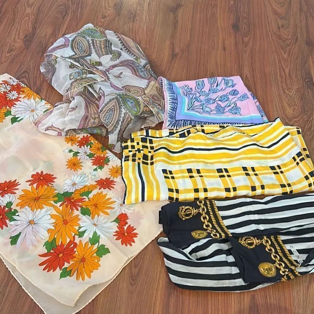 Bundle Lot of five silk and silky scarves vintage yellow black pink orange